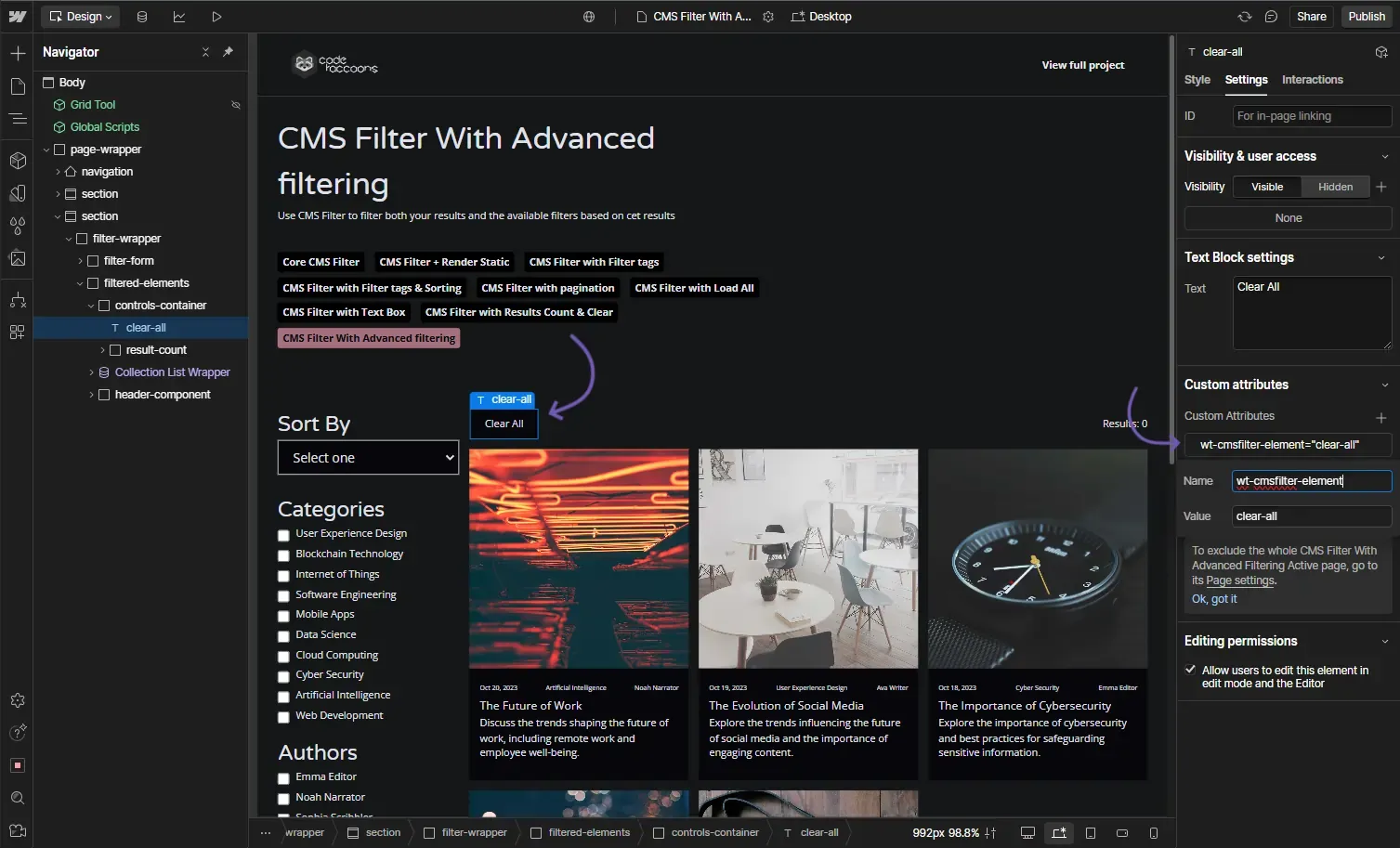 CMS Filter - Clear All example