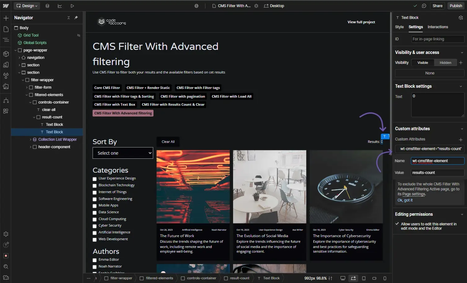 CMS Filter - Result Count example