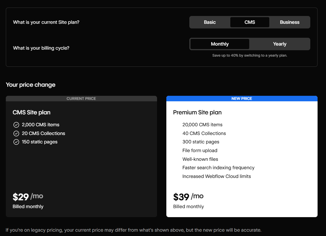 Screenshot from the Webflow cost calculator